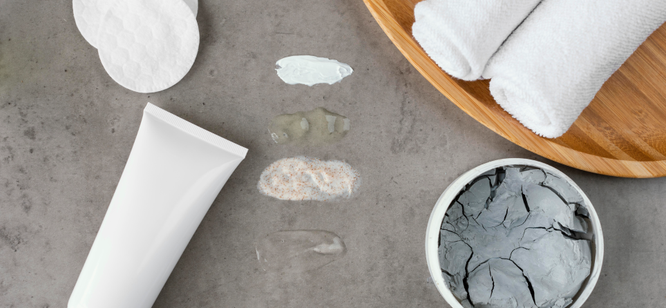 chemical exfoliant for face showing different exfoliating textures and formulations arranged by ingredient type