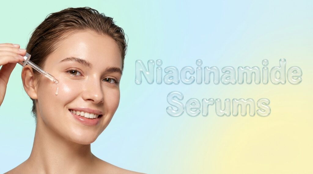 A smiling young woman with clear, dewy skin holding a glass dropper and applying a clear serum to her cheek. Next to her, the words 'Niacinamide Serums' are written in a transparent, 3D water-bubble font against a soft pastel gradient background.
