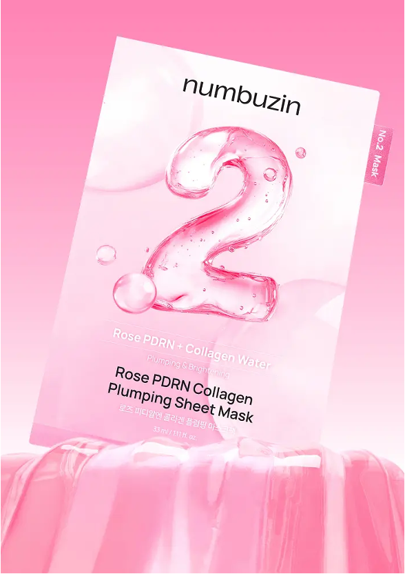 numbuzin 2番 ローズPDRNコラーゲンプランピングシートマスクのパッケージ画像、ピンク背景に保湿・ハリケアをイメージしたデザイン