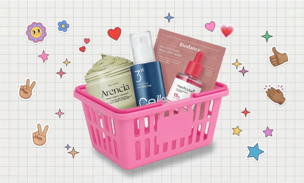 ピンクの買い物カゴに入ったLE SSERAFIM宮脇咲良の愛用スキンケアアイテム。Arencia フレッシュグリーンクレンザー、トリプルレチノール アクネウォッシュピール、Biodance バイオコラーゲン リアルディープマスク、Medicube EVAナイアシンアミド15セラムが並んでおり、ハートや星などのポップなステッカーで装飾されている。