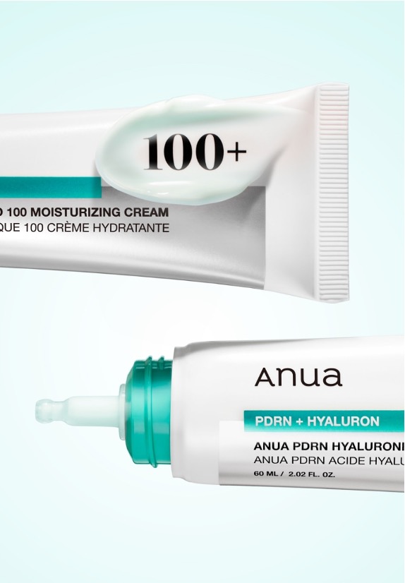 Anua PDRN＋ヒアルロン100モイスチャークリームのチューブパッケージ画像、100＋の保湿テクスチャーが表現されたクローズアップ