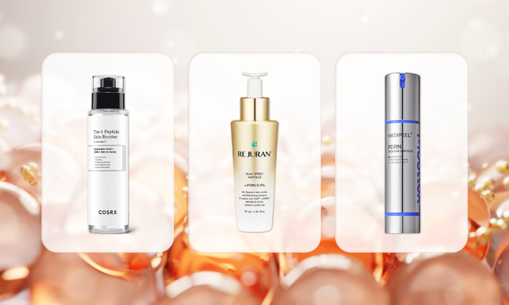 Three Korean skincare ampoules displayed side by side on soft rounded cards against a warm, glowing background with golden serum capsules, featuring COSRX The 6 Peptide Skin Booster, REJURAN Dual Effect Ampoule, and MEDI-PEEL PDRN Exosome Ampoule.