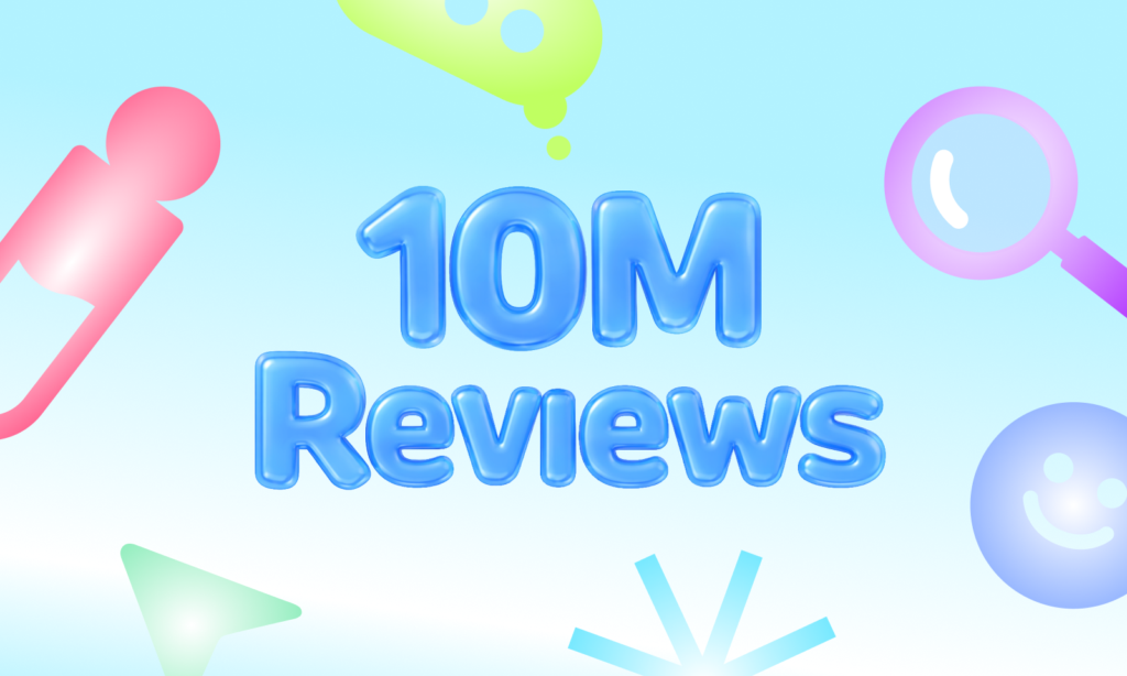 Colorful celebratory graphic with glossy blue 3D text reading '10M Reviews' surrounded by playful icons