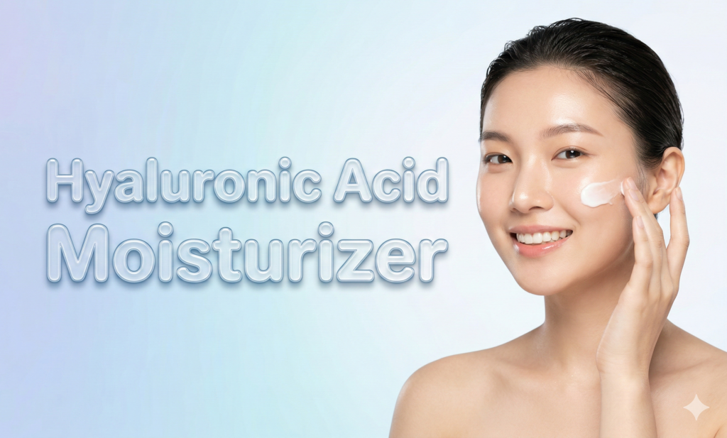 A beauty campaign image featuring the text 'Hyaluronic Acid Moisturizer' in large, clear, 3D jelly-like letters on the left. On the right, a young Asian woman with a radiant, dewy complexion smiles brightly as she applies a soft white cream to her cheek. The background is a smooth pastel blue and white gradient.