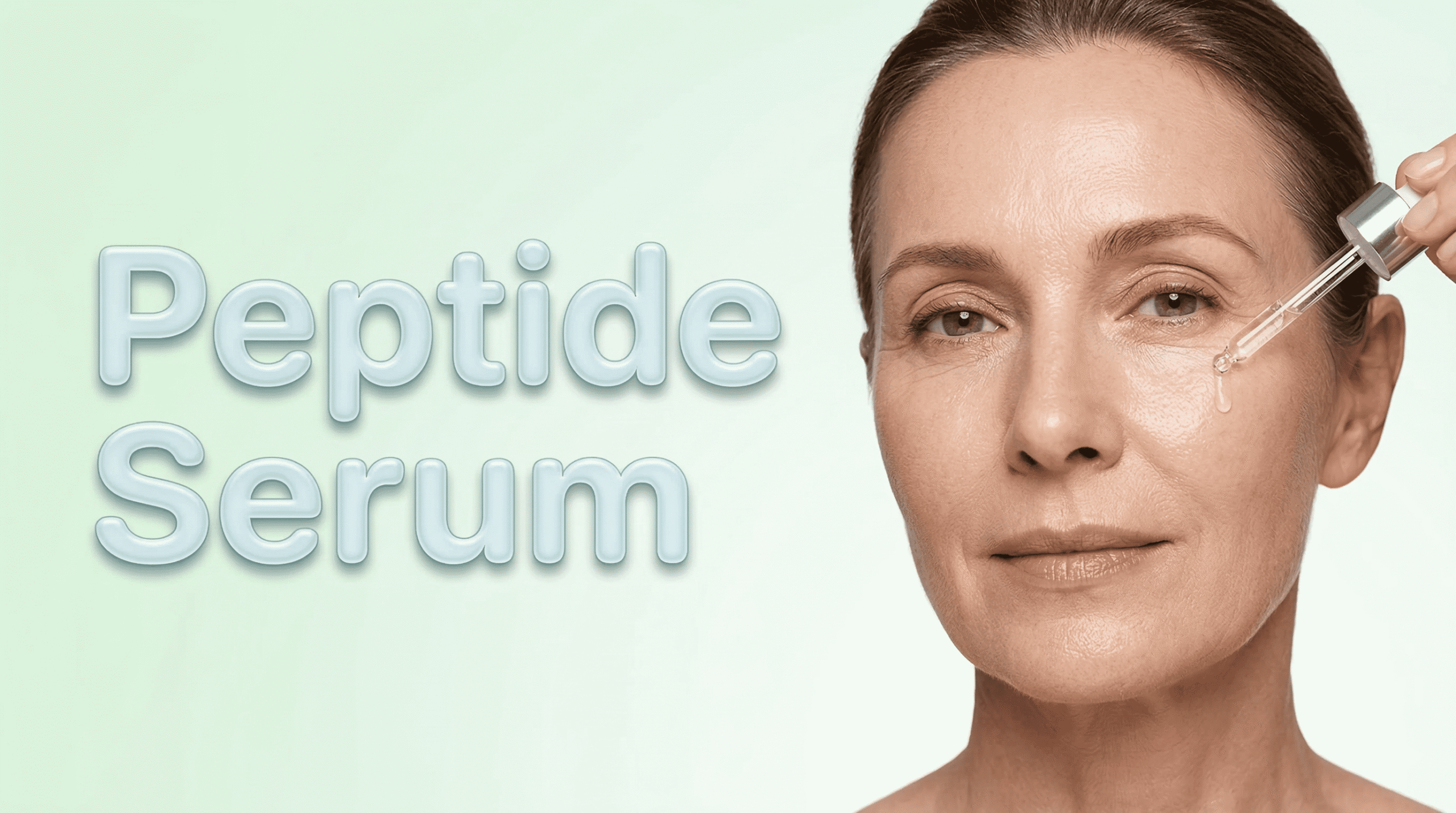 Woman applying peptide serum with a dropper on her face against a light green background