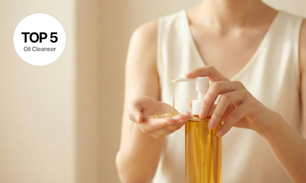 A person pumping golden liquid from a Korean oil cleanser bottle, featuring a "TOP 5 Oil Cleanser" label for Hwahae rankings.