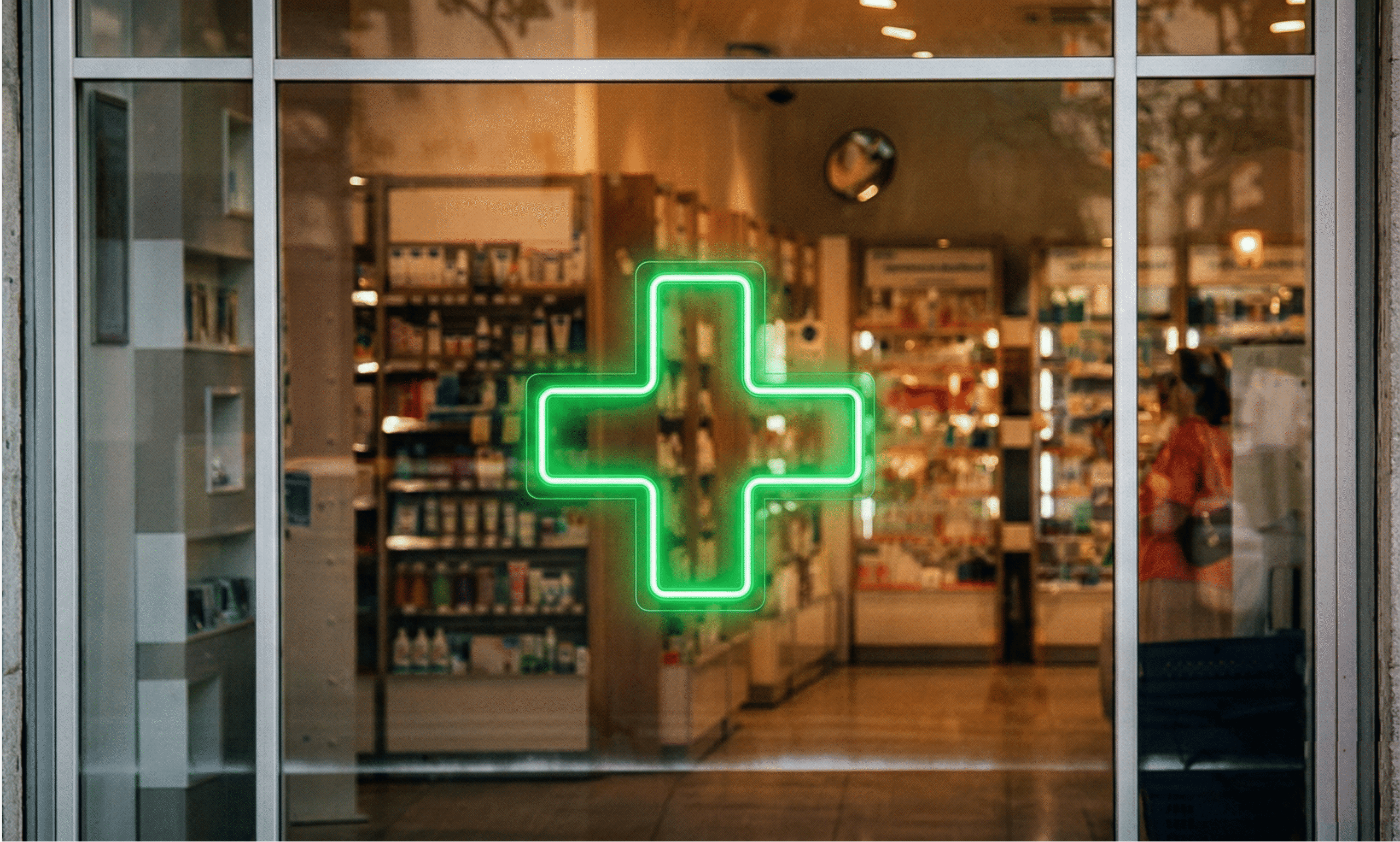 A green neon cross sign glowing on the glass entrance of a pharmacy, with skincare products displayed on shelves inside