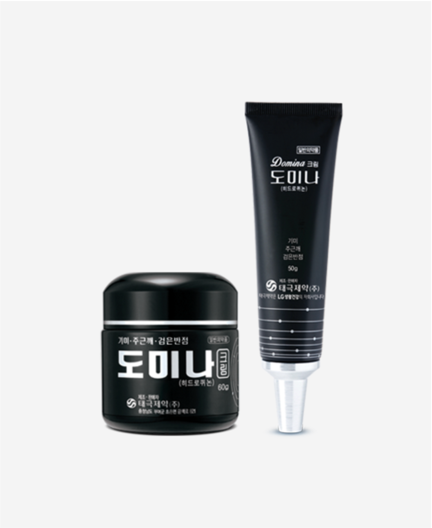 Domina Cream by Taeguk Pharmaceutical — available in a 60g jar and a 50g tube, both in signature black packaging for melasma and dark spot treatment
