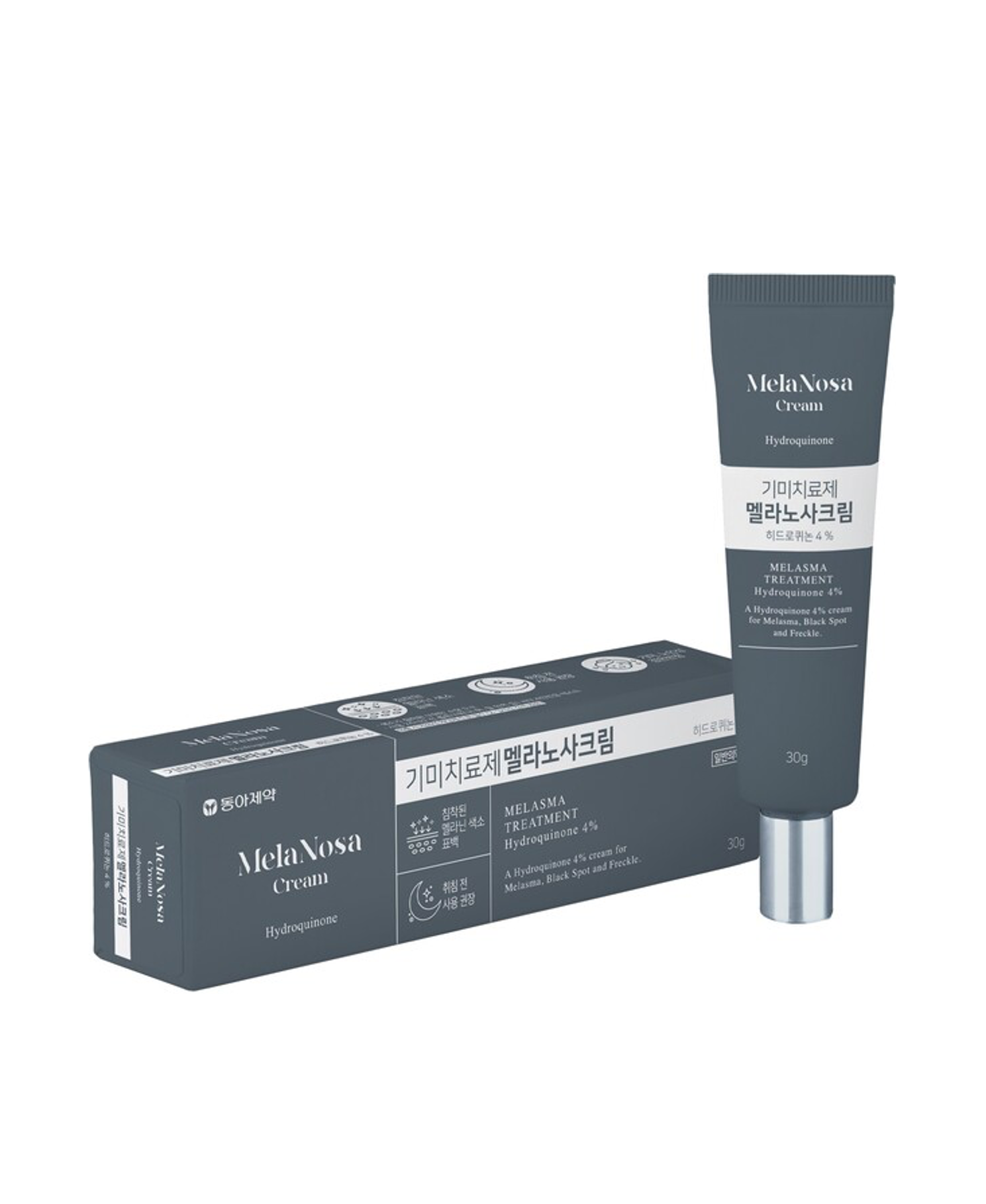 MelaNosa Cream by Dong-A Pharmaceutical — a 30g tube with box packaging in gray, labeled as Melasma Treatment with Hydroquinone 4%