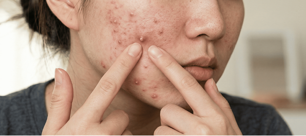 A woman pressing her fingers around an active acne breakout on her chin and lower cheek