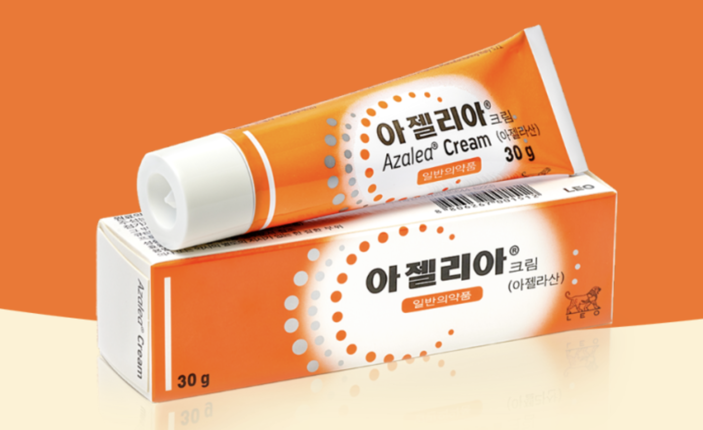 Azalea Cream by LEO Pharma — a 30g tube with orange box packaging, an OTC azelaic acid acne treatment available at Korean pharmacies