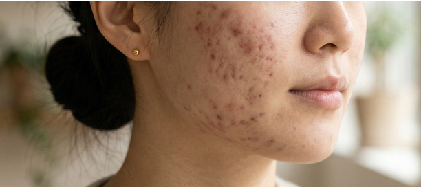 Close-up of a woman's cheek and jawline with dark post-acne hyperpigmentation marks