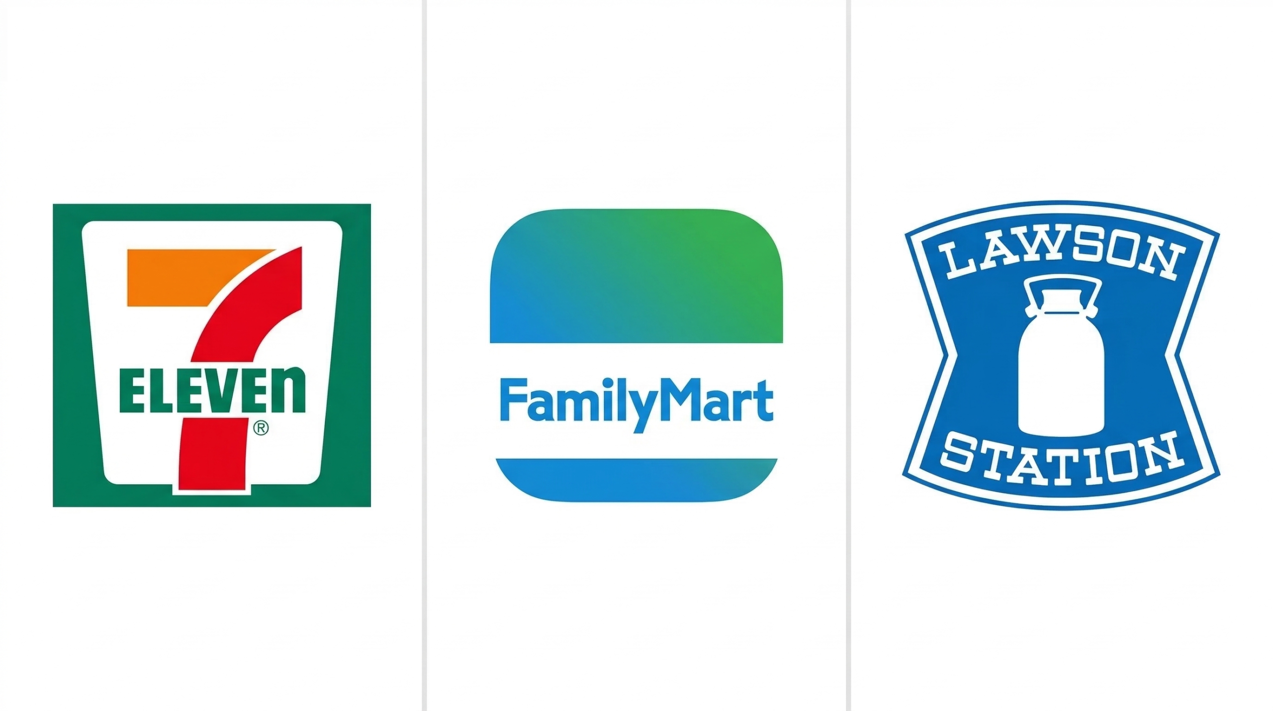 韓国コスメを展開する日本の3大コンビニ：セブン-イレブン・ファミリーマート・ローソンのロゴ