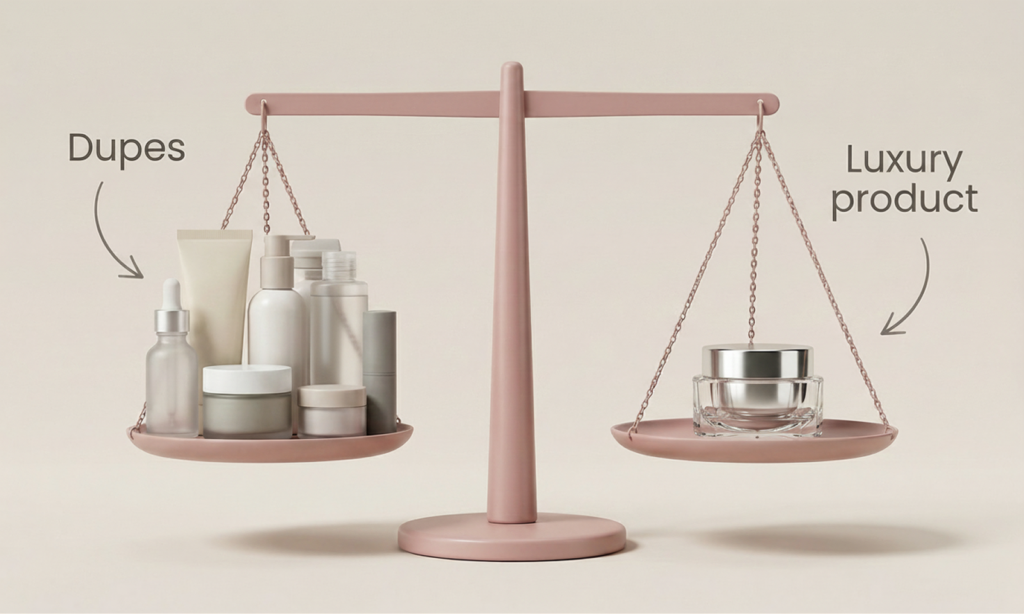 A pink balance scale with multiple skincare bottles and jars labeled "Dupes" on the left side outweighing a single luxury cream jar labeled "Luxury product" on the right side