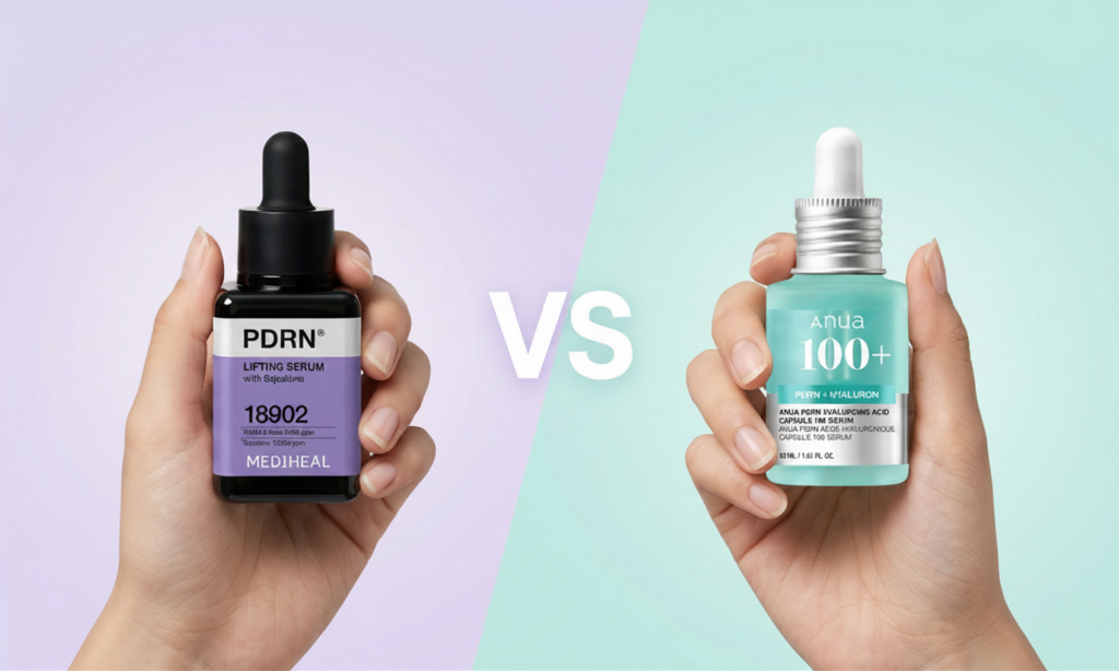 Side-by-side comparison of MEDIHEAL PDRN Lifting Serum and Anua PDRN Hyaluronic Acid Capsule 100 Serum held in hands against a purple and mint background