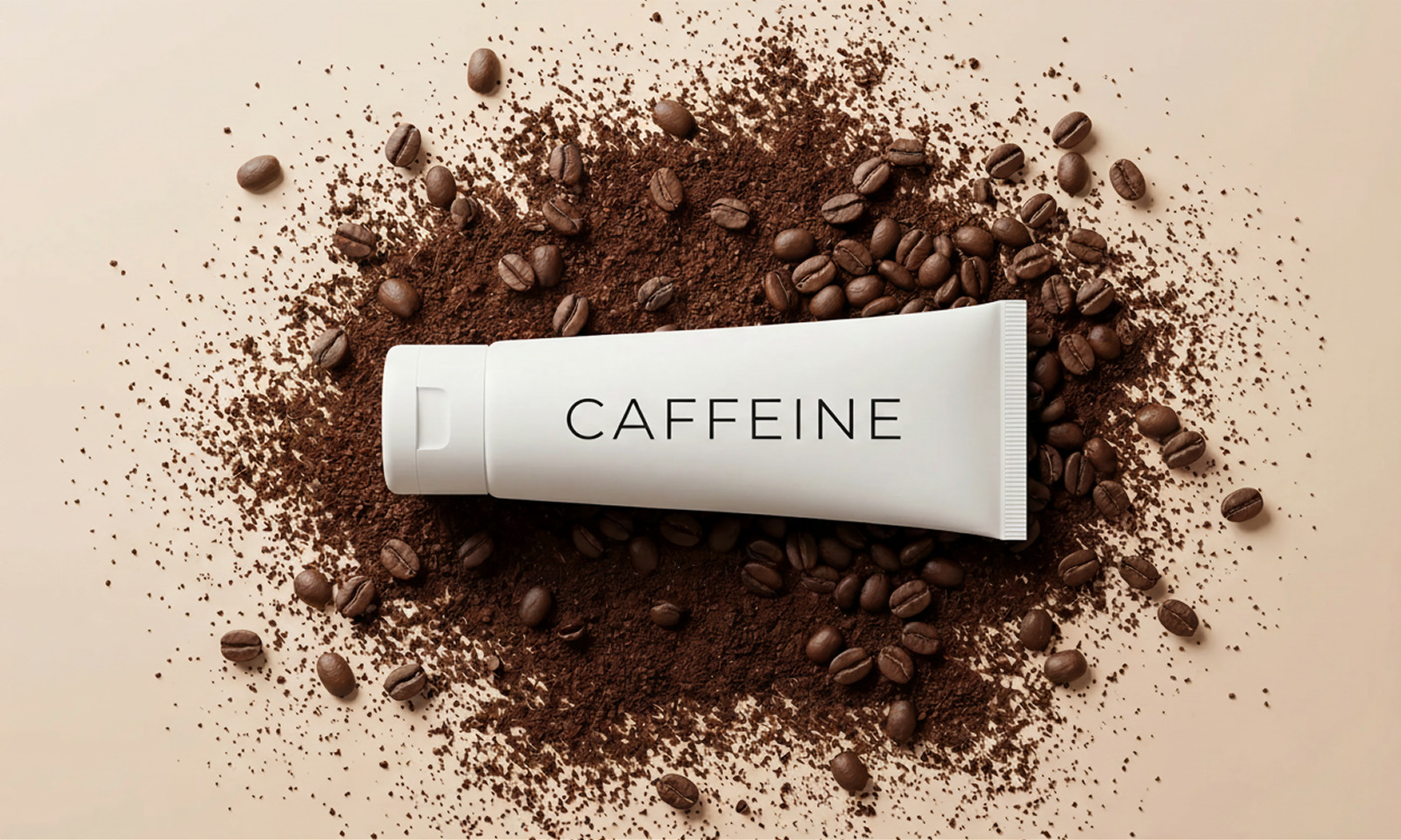 ベージュの背景に、コーヒー粉とコーヒー豆に囲まれた白いCAFFEINEチューブ——カフェインスキンケアのイメージビジュアル