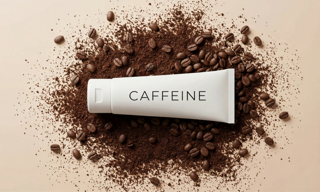 White CAFFEINE skincare tube resting on a pile of ground coffee and roasted coffee beans against a beige background