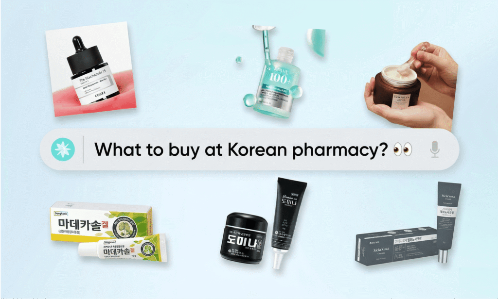 Article thumbnail showing a search bar with the text 'What to buy at Korean pharmacy?' surrounded by popular K-pharmacy products including Madecassol Gel, Domina Cream, and MelaNosa Cream alongside K-beauty cosmetics like COSRX Niacinamide 15 Serum, Anua PDRN Serum, and Centellian24 Cream