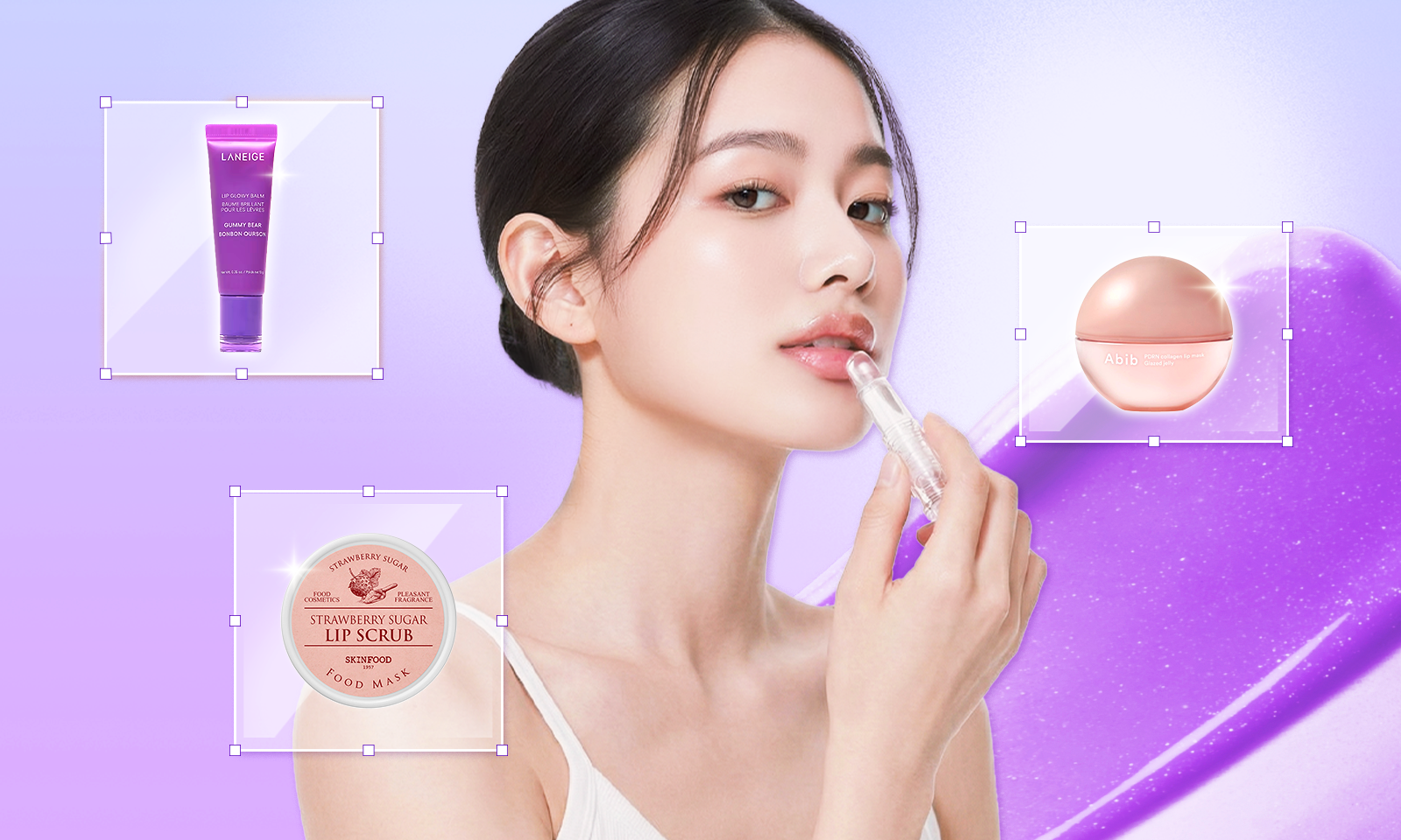 A promotional banner for a “Lip Care Routine for Dry, Chapped Lips,” featuring a woman applying a clear lip balm to her lips. The background shows a soft purple gradient, with product images including a round Abib lip product and a purple Laneige lip balm displayed around the model.