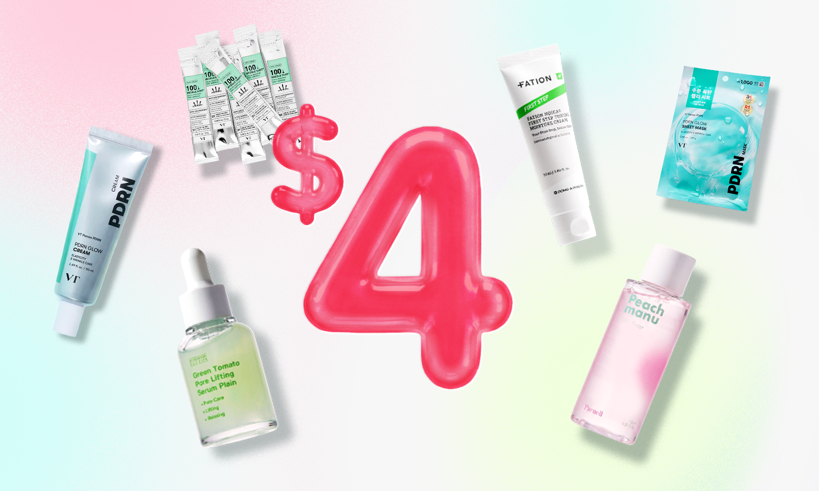 A colorful banner featuring K-beauty items priced under $4, with multiple skincare products arranged around a large pink “$4” graphic on a soft gradient background.