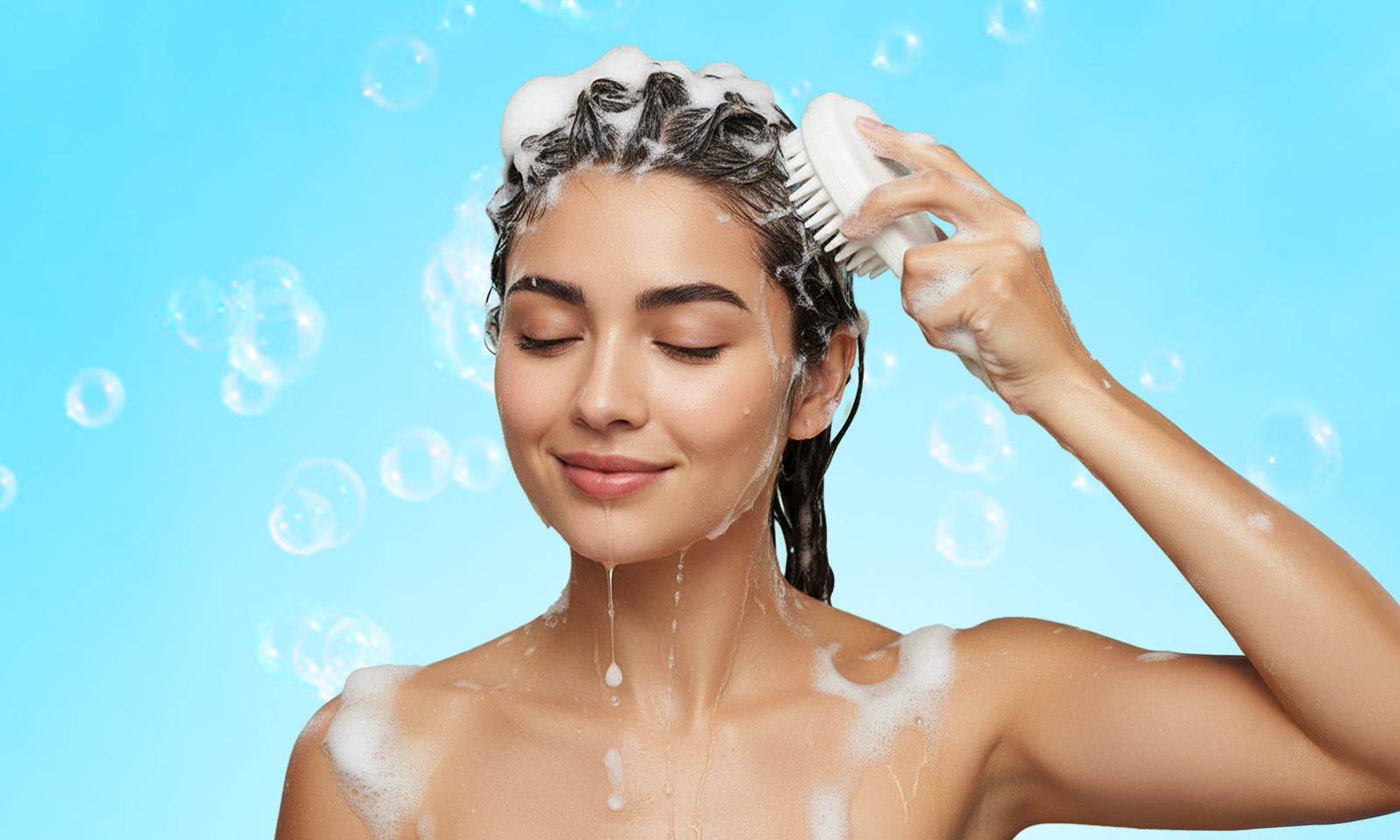 A woman with her eyes closed massaging her scalp with a brush while washing her hair, surrounded by rich foam and bubbles against a blue background, representing scalp care and hair cleansing.