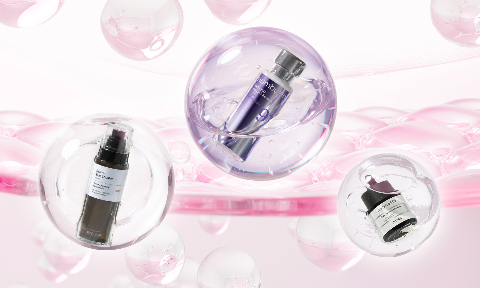Korean anti wrinkle serum banner featuring multiple serum product packages suspended in translucent pink capsules, representing recovery-focused and texture-improving skincare ingredients
