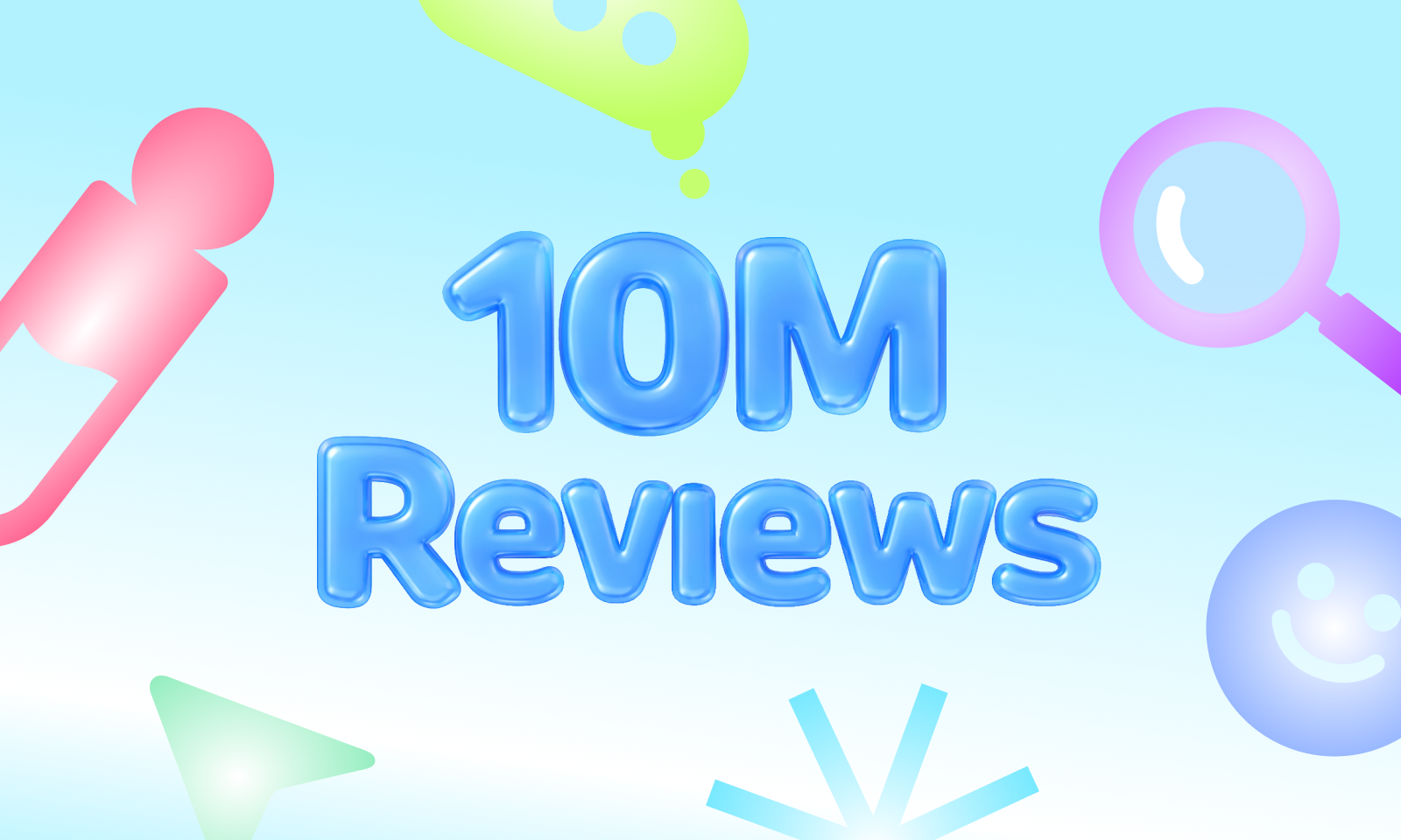Colorful celebratory graphic with glossy blue 3D text reading '10M Reviews' surrounded by playful icons