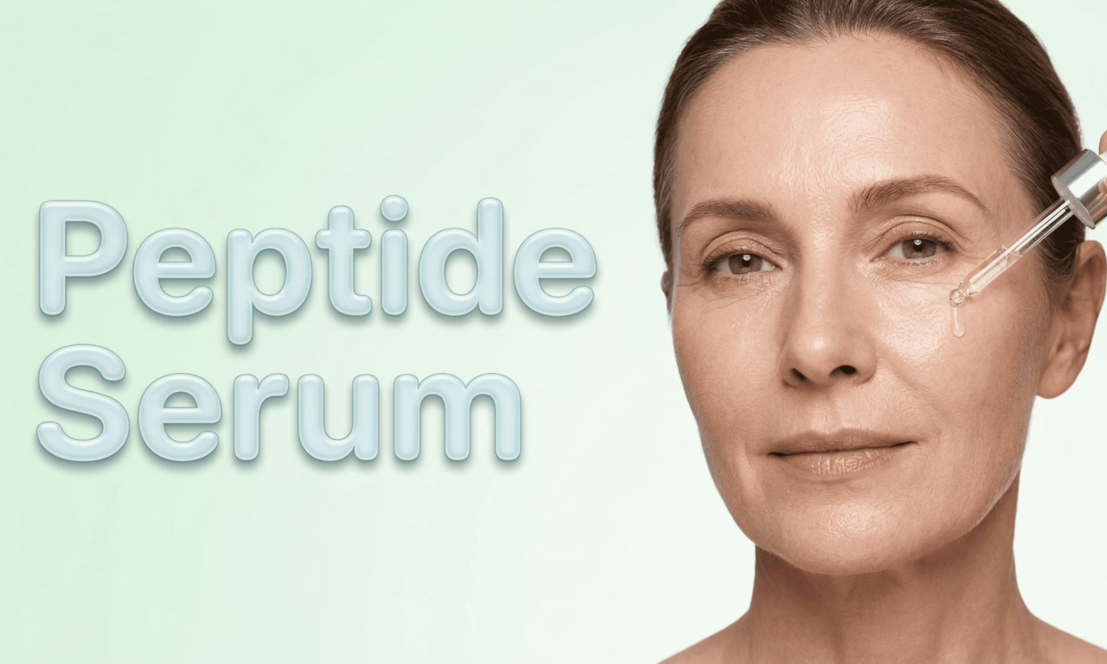 Woman applying peptide serum with a dropper on her face against a light green background