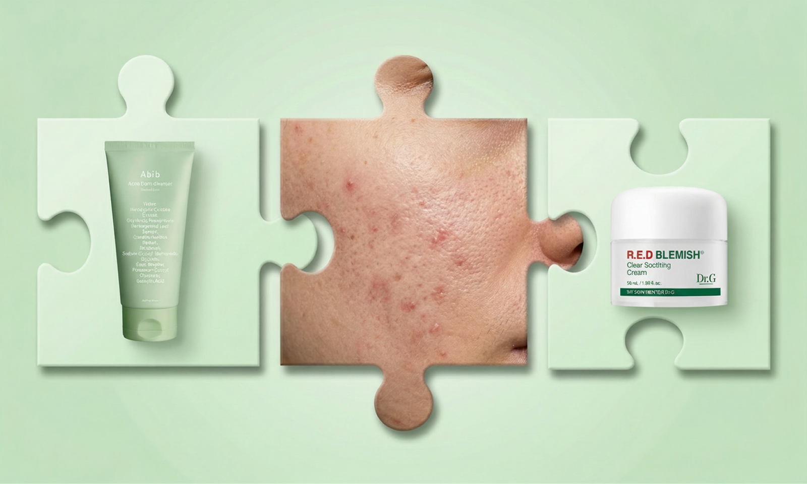 Three interlocking puzzle pieces on a mint green background: the left piece features an Abib Acne Foam Cleanser, the center piece shows a close-up of acne-prone skin, and the right piece displays a jar of Dr.G R.E.D Blemish Clear Soothing Cream.