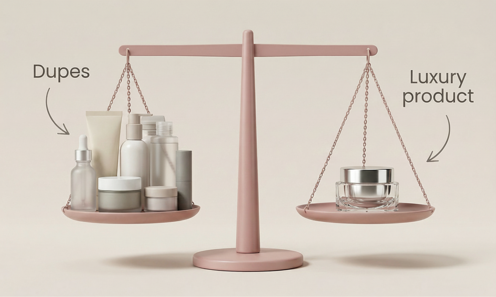 A pink balance scale with multiple skincare bottles and jars labeled "Dupes" on the left side outweighing a single luxury cream jar labeled "Luxury product" on the right side