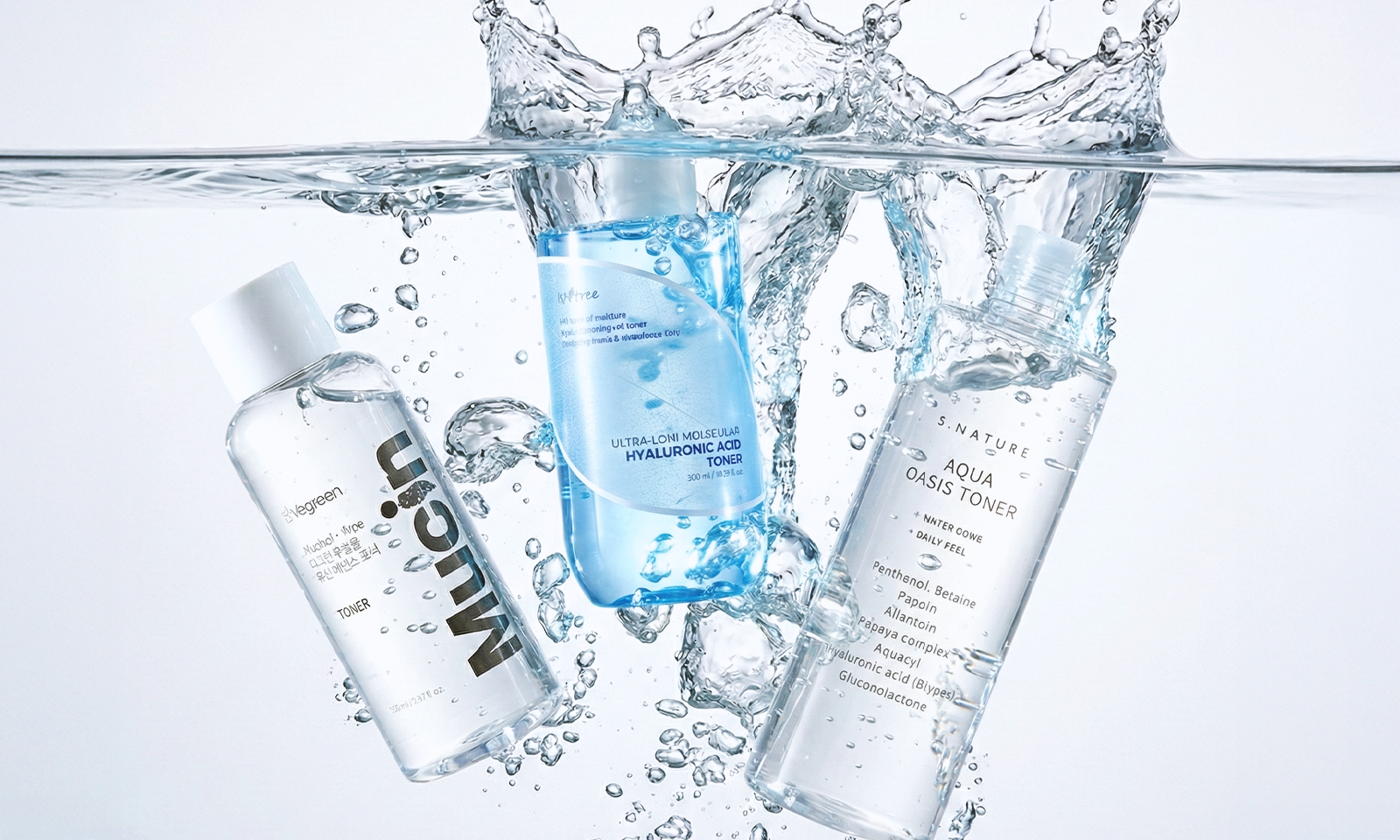 3 hydrating toners submerged in clean water