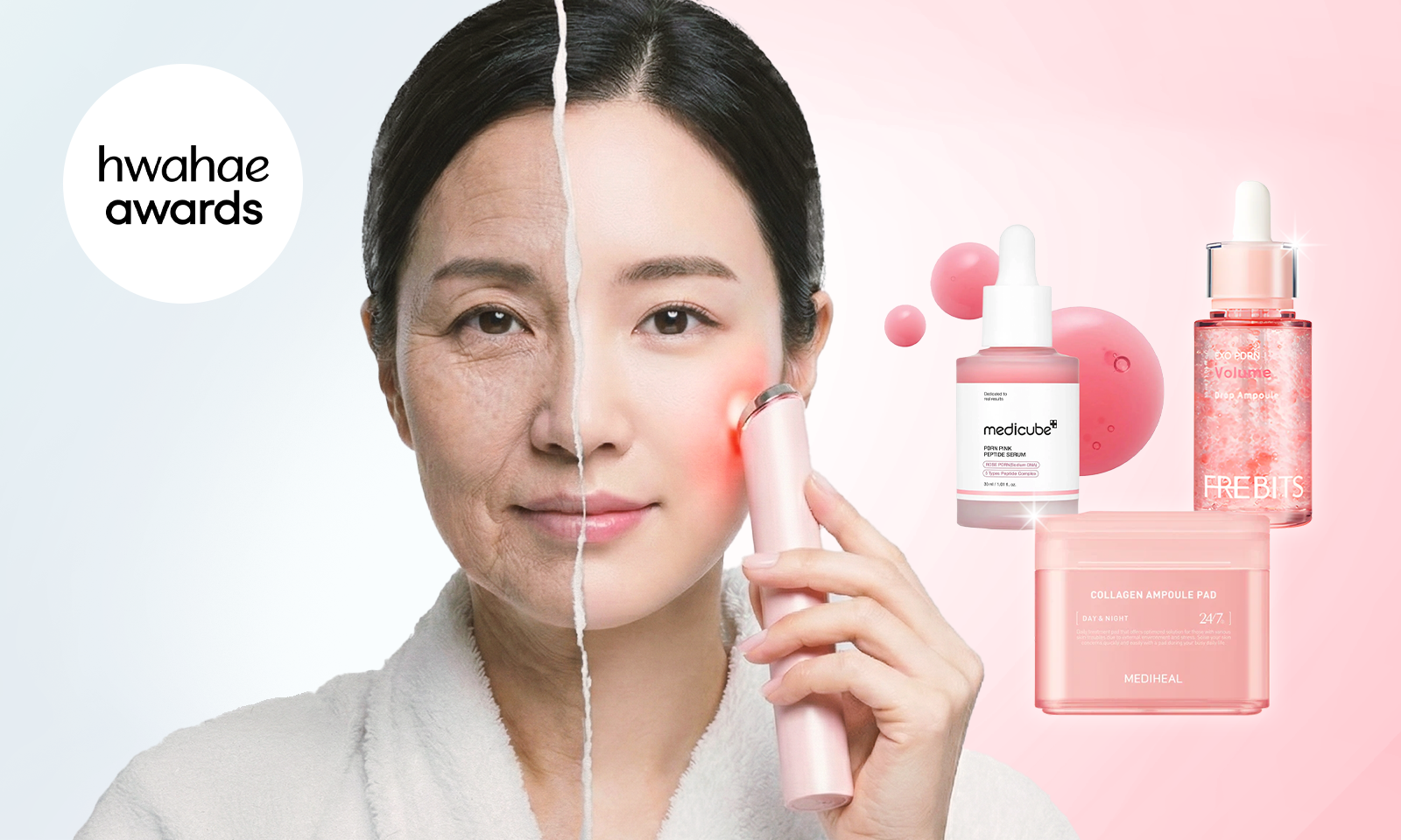 Visual of a Daily Korean Anti-Aging Routine featuring Hwahae Awards–winning products. A woman’s face is split to compare before-and-after aging effects while she uses an anti-aging beauty device. Korean anti-aging skincare products such as medicube anti-aging serums and MEDIHEAL collagen ampoule pads are displayed alongside, highlighting a daily Korean anti-aging skincare routine.