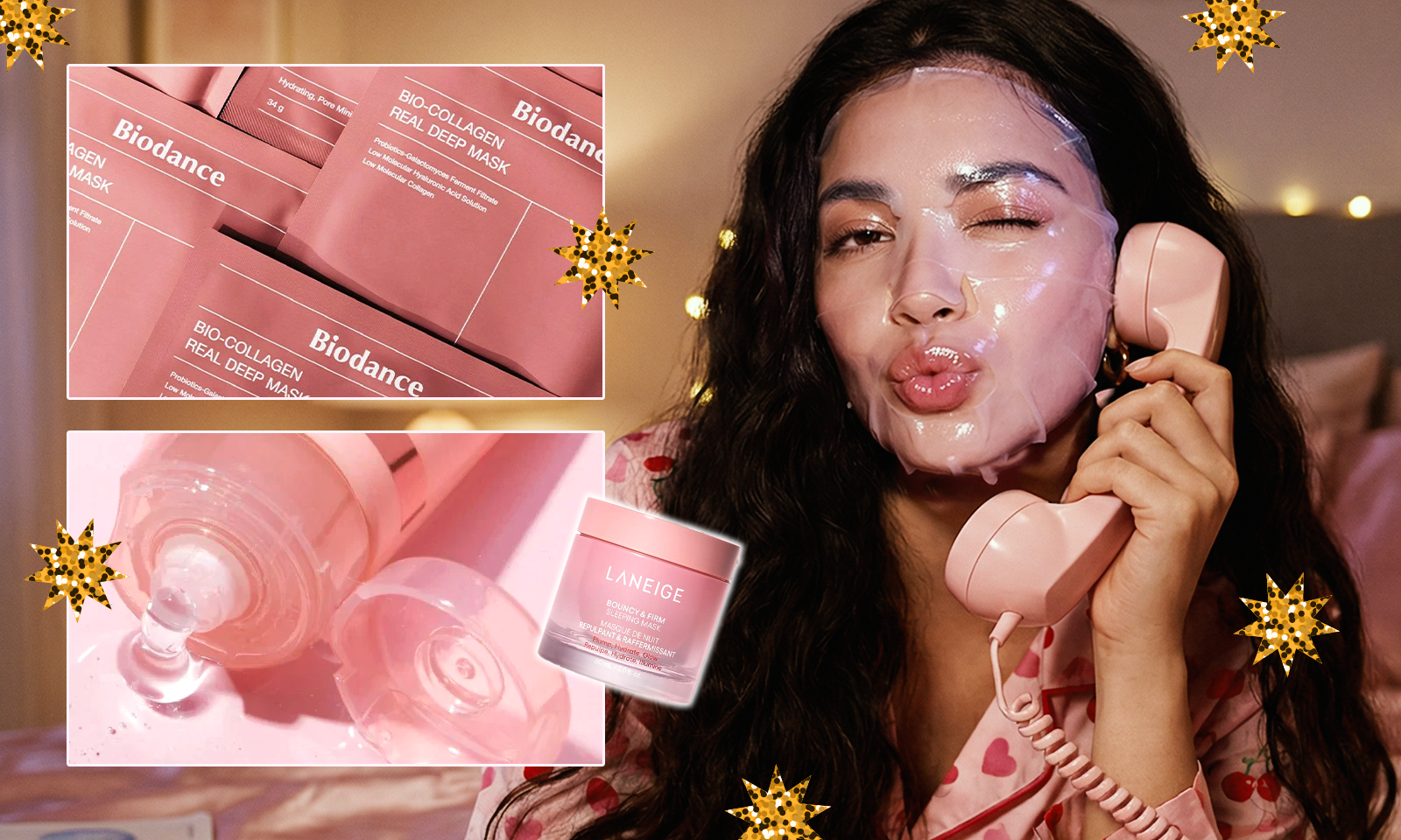 A collage featuring a woman wearing a sheet mask while holding a vintage pink phone, alongside popular Korean overnight face masks like Biodance Bio-Collagen Real Deep Mask and Laneige Bouncy & Firm Sleeping Mask.