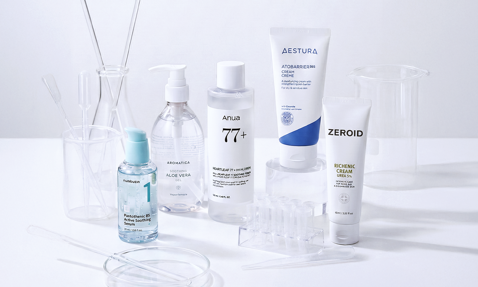 Korean post-treatment skincare products commonly used for soothing, hydration, and skin barrier repair after cosmetic skin treatments.
