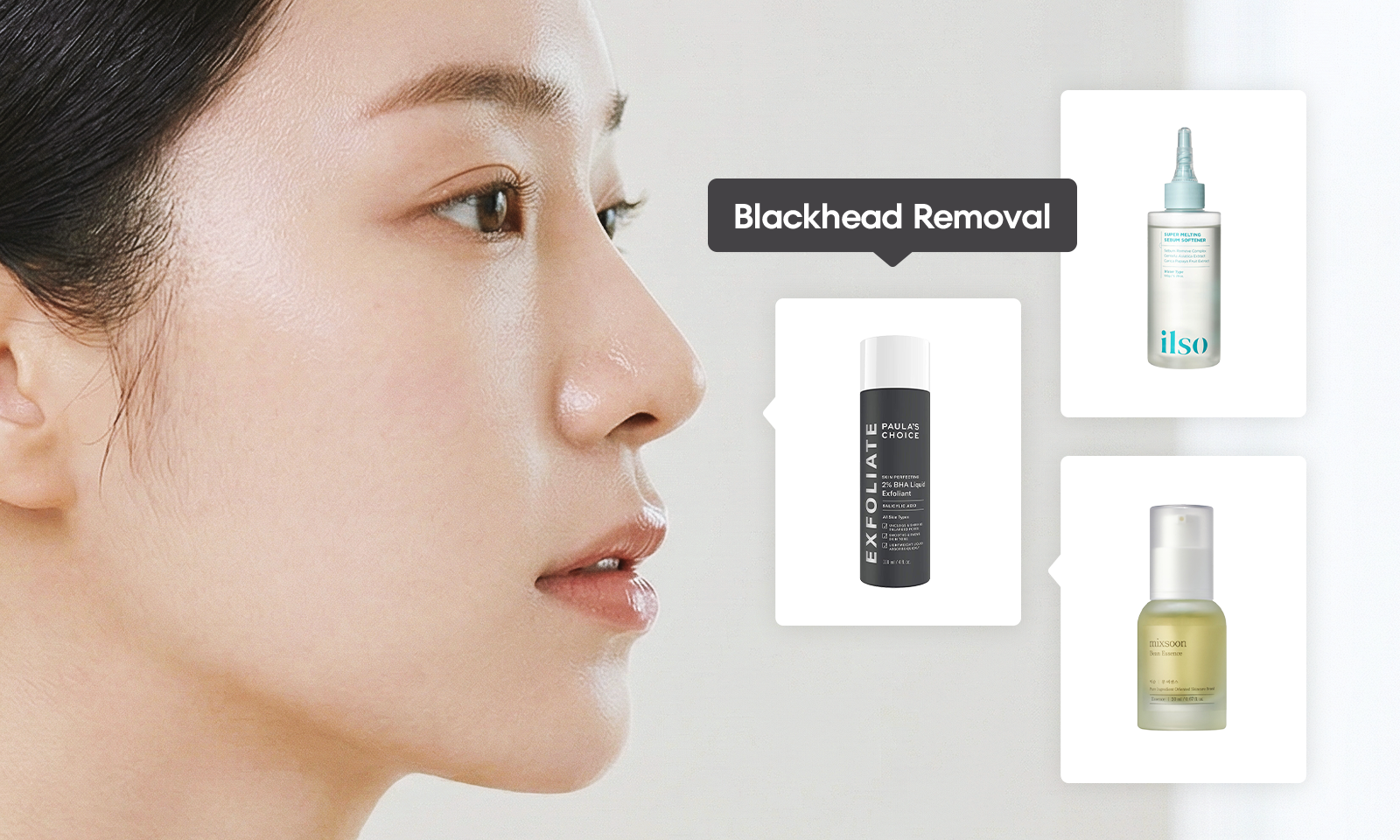 Imagen de perfil facial que representa la eliminación de puntos negros, mostrando productos de cuidado de poros diseñados para disolver impurezas, equilibrar el sebo y prevenir poros obstruidos.