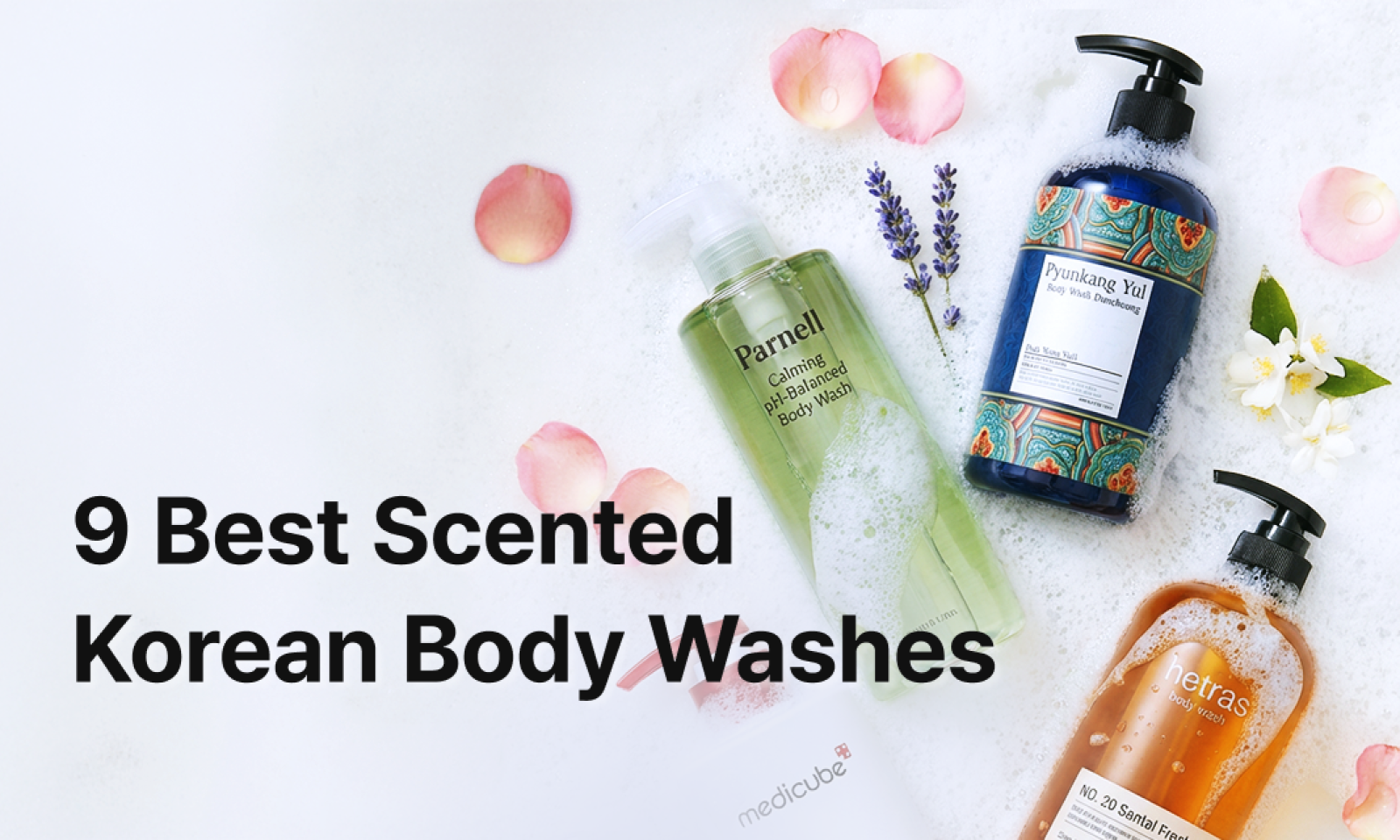 Banner image featuring Korean body washes with foam and petals, representing the article ‘9 Best Scented Korean Body Washes.’