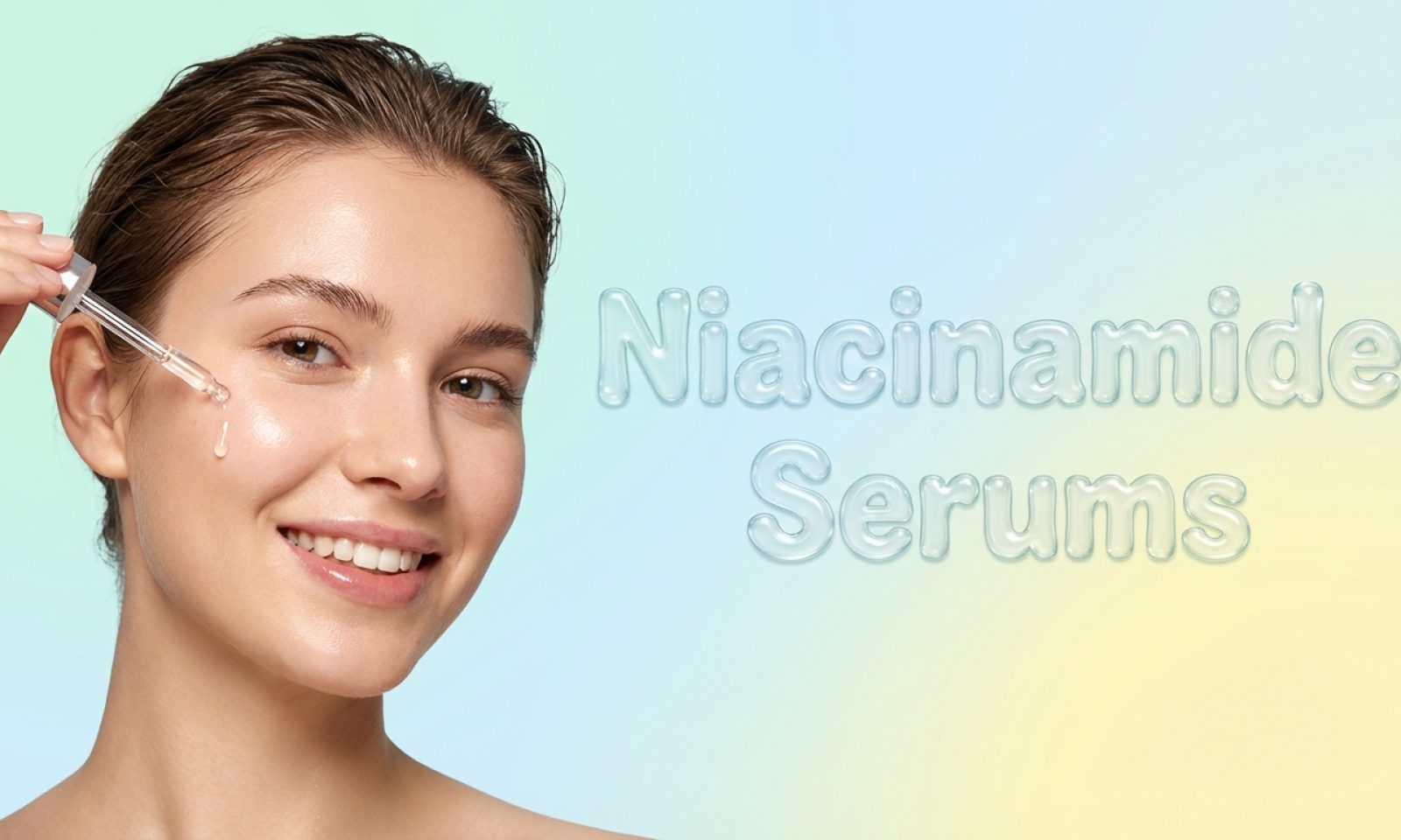 透明感のあるツヤ肌の若い女性が、ガラス製スポイトを持ち、透明なセラムを頬に塗っている。 隣には、やわらかなパステルグラデーションの背景に、水の泡のような透明感のある3Dフォントで「Niacinamide Serums」と書かれている。