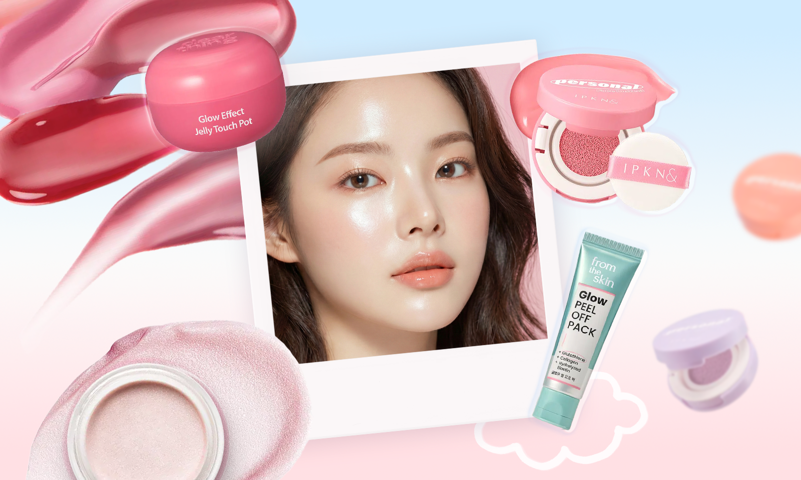 ツヤのある韓国女性モデルのポートレートを中心に、ピンク系のグロウメイクアイテムやクッションファンデ、ジェリーテクスチャーコスメがコラージュされたビューティーサムネイル画像。