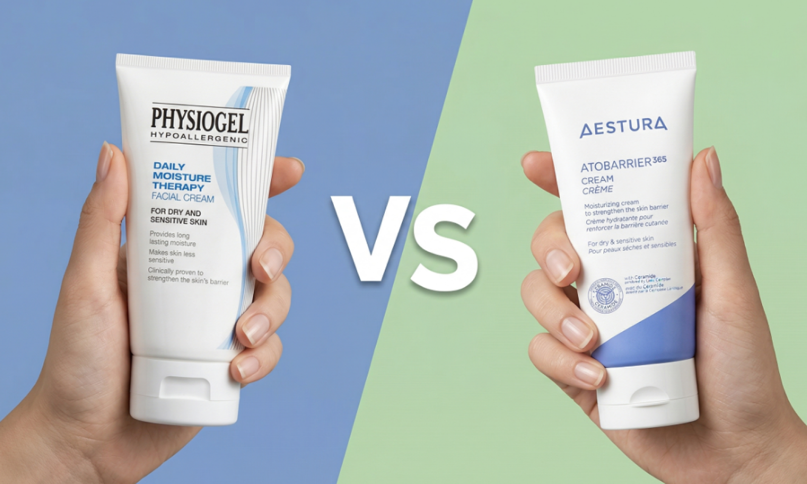 Hand holding Physiogel Daily Moisture Therapy Facial Cream on the left versus hand holding Aestura Atobarrier 365 Cream on the right, split-screen comparison on blue and green backgrounds