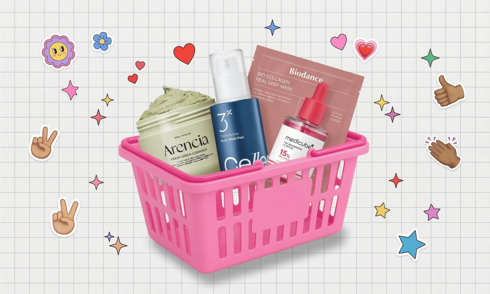 ピンクの買い物カゴに入ったLE SSERAFIM宮脇咲良の愛用スキンケアアイテム。Arencia フレッシュグリーンクレンザー、トリプルレチノール アクネウォッシュピール、Biodance バイオコラーゲン リアルディープマスク、Medicube EVAナイアシンアミド15セラムが並んでおり、ハートや星などのポップなステッカーで装飾されている。