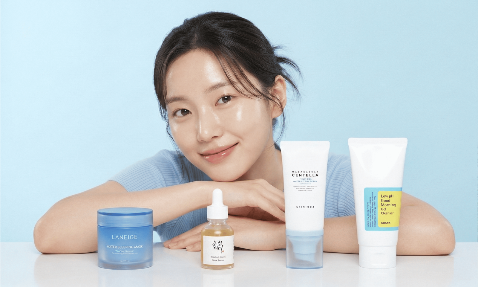 Các sản phẩm mỹ phẩm Hàn Quốc bán chạy nhất tại Việt Nam — Laneige Water Sleeping Mask, Beauty of Joseon Glow Serum, Skin1004 Madagascar Centella Sun Serum và COSRX Low pH Good Morning Gel Cleanser