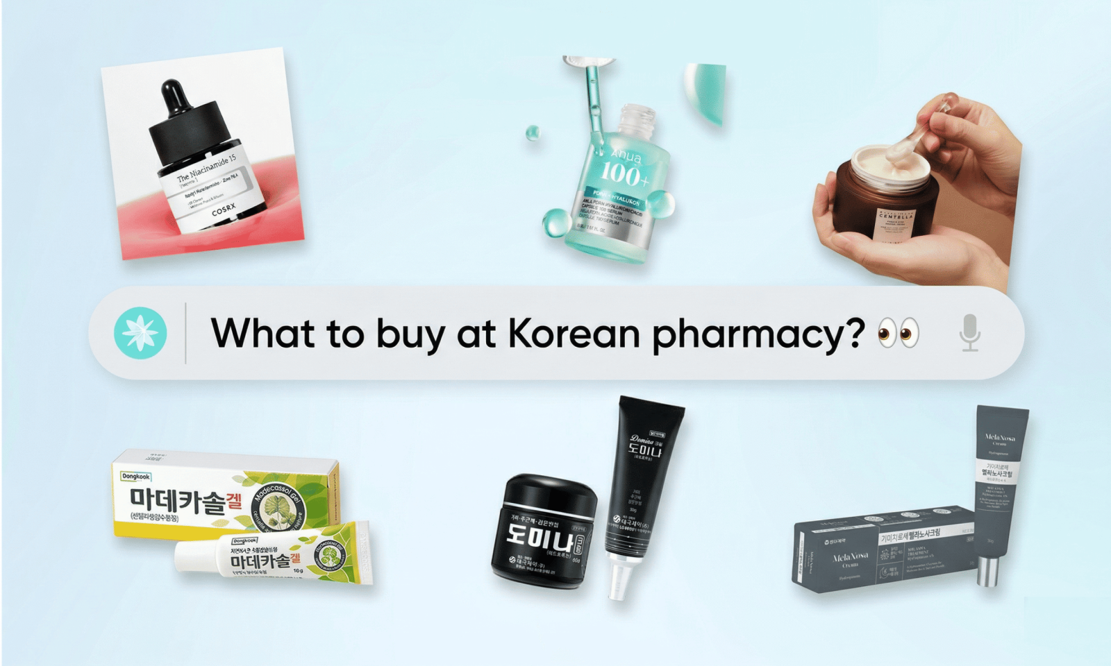 Article thumbnail showing a search bar with the text 'What to buy at Korean pharmacy?' surrounded by popular K-pharmacy products including Madecassol Gel, Domina Cream, and MelaNosa Cream alongside K-beauty cosmetics like COSRX Niacinamide 15 Serum, Anua PDRN Serum, and Centellian24 Cream
