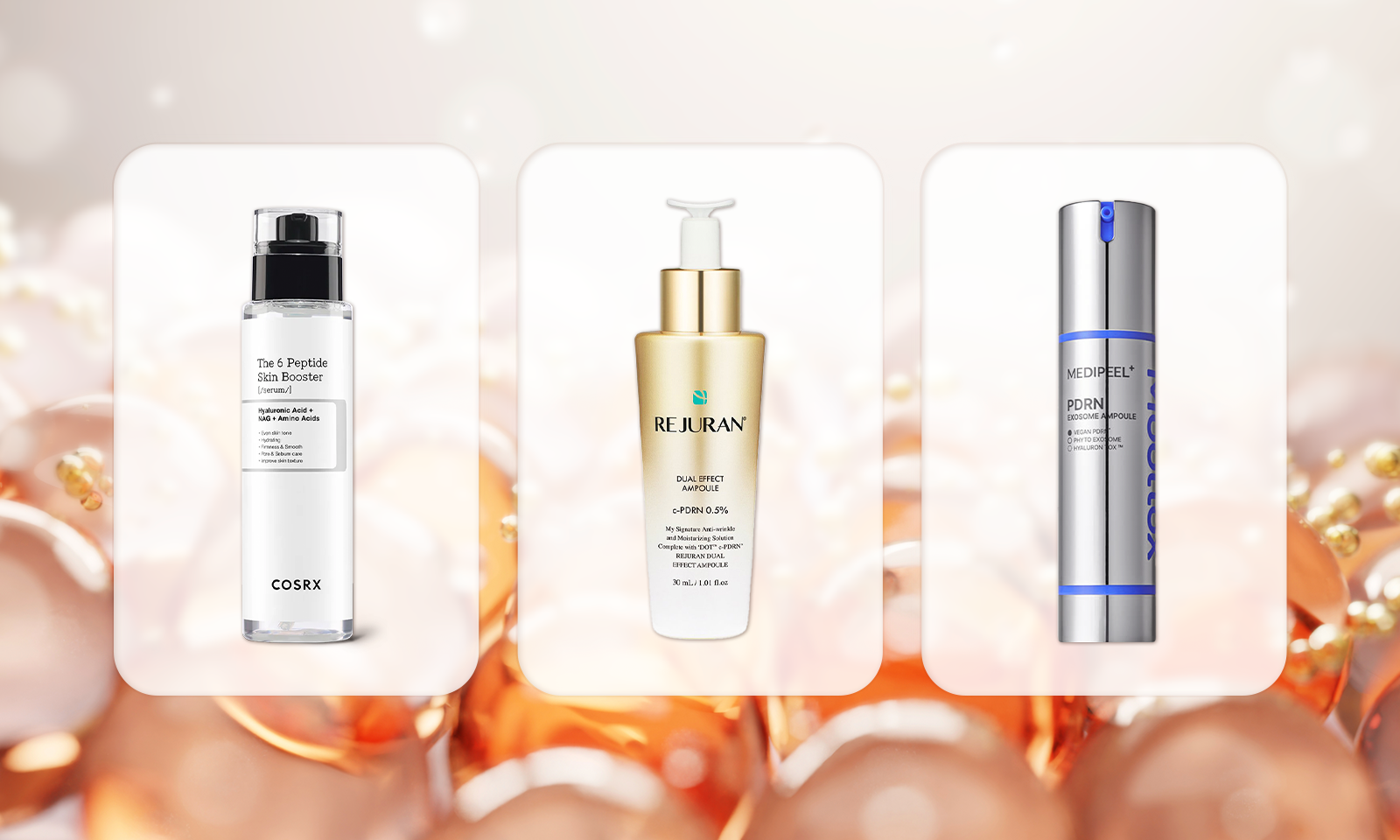 Three Korean skincare ampoules displayed side by side on soft rounded cards against a warm, glowing background with golden serum capsules, featuring COSRX The 6 Peptide Skin Booster, REJURAN Dual Effect Ampoule, and MEDI-PEEL PDRN Exosome Ampoule.
